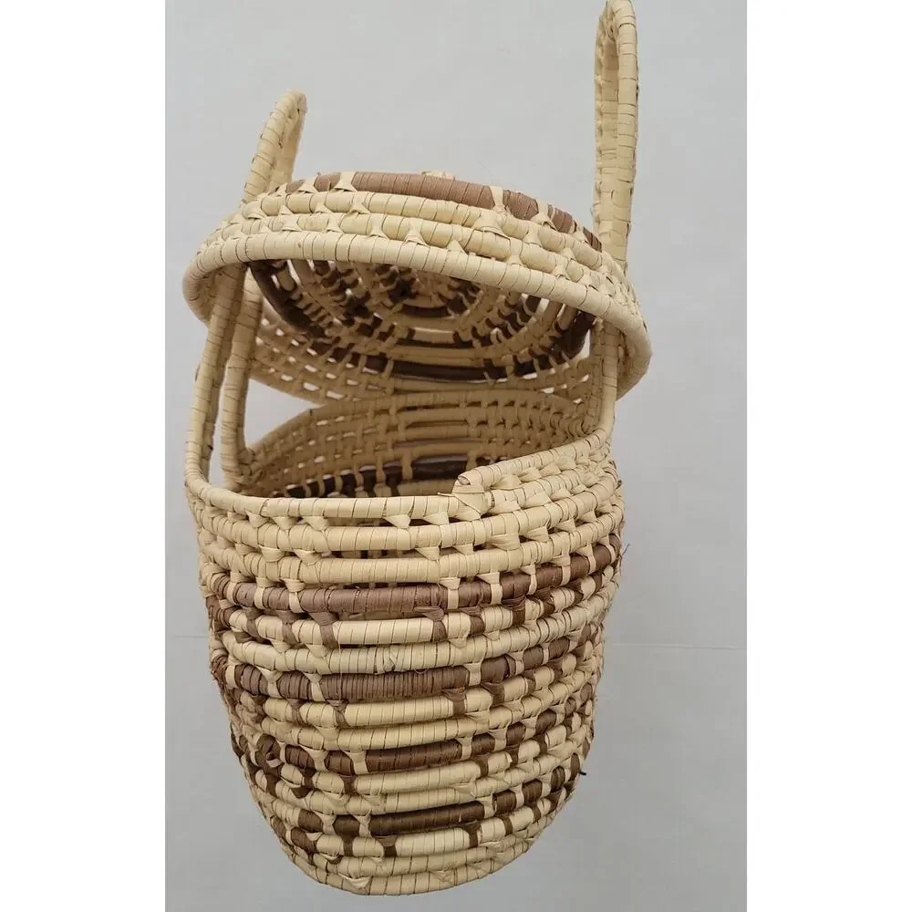 Wrapped Straw Basket Coiled Large Lid Handles Approx 11” X 11” Boho